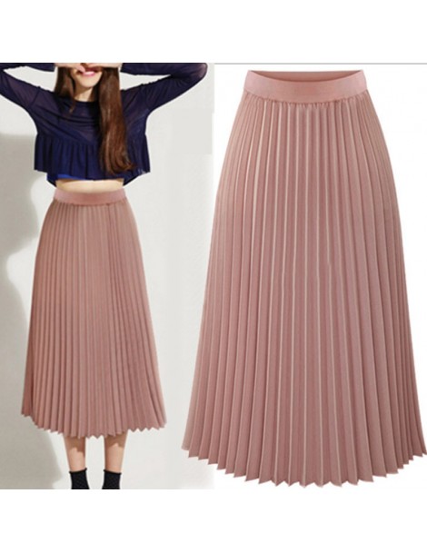 Skirts Women Long Pleated Skirt Casual Elastic Waist Swing Flared Skater Midi Skirt -MX8 - Pink - 484160336193-2 $18.59