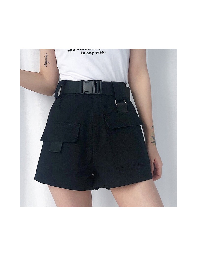Summer Women Cargo Shorts Korean Fashion High Waist Mini Shorts with Pocket Buckle Belt Casual Ladies Shorts * - Black - 4X3...