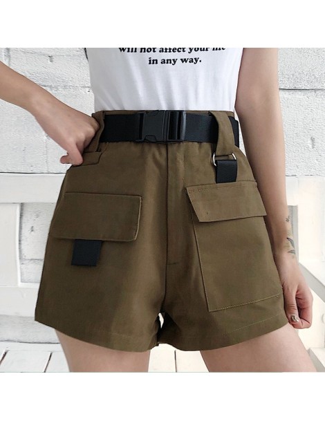 Shorts Summer Women Cargo Shorts Korean Fashion High Waist Mini Shorts with Pocket Buckle Belt Casual Ladies Shorts * - Black...