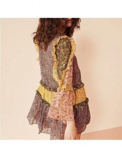 Dresses Vintage Print Ruffles Short Dress For Women O Neck Long Sleeveless Hit Color Mini Dresses Female Fashion Summer - cof...