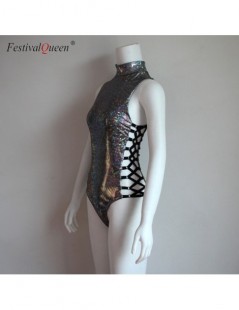 Bodysuits Women Sexy Gray Holographic Bodysuit Rompers 2019 Party Musical Festival Rave Bodycon Lace Up Bodysuits for Lady - ...