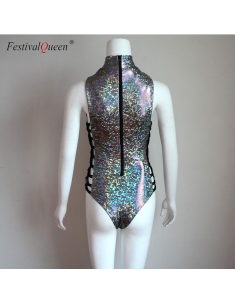 Bodysuits Women Sexy Gray Holographic Bodysuit Rompers 2019 Party Musical Festival Rave Bodycon Lace Up Bodysuits for Lady - ...
