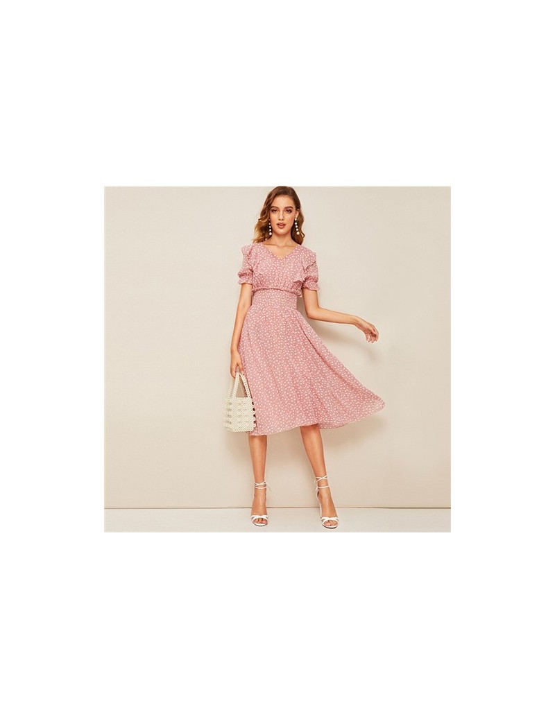 Boho V Neck Wrap Floral Print Dress Women 2019 Summer Flounce Sleeve High Waist A Line Dresses Ladies Boho Midi Dress - Pink...