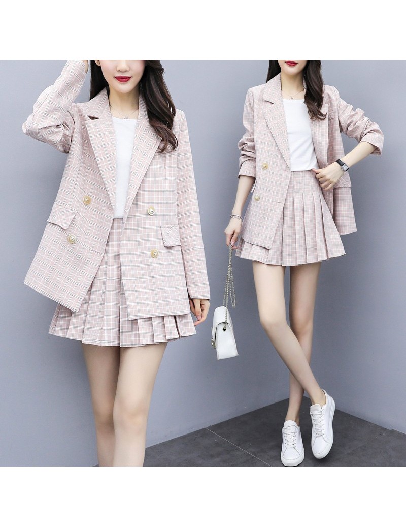 2019 Autumn Winter Tweed 2 Piece Set Women Slim Plaid Short Set Fashion Trim Jacket Coat + Pleated short skirts Suit - Pink ...