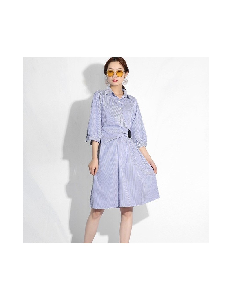 2019 New Spring Summer Lapel Half Sleeve Waist Band Stitch Striped Loose Temperament Dress Women Fashion Tide S26005 - blue ...