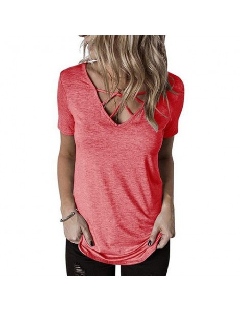 T-Shirts 2019 Hot Women Short Sleeve V-Neck Criss Cross Loose Fitted T-Shirts Tops for Summer J9 - Pink - 5H111103940272-6 $9.23
