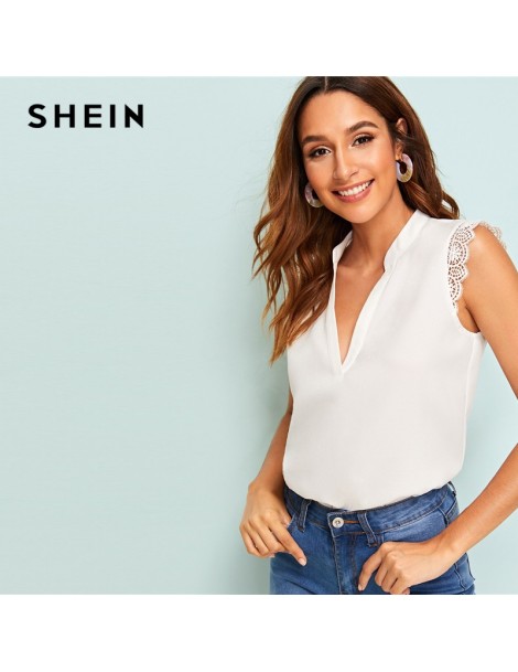 Blouses & Shirts V-Placket Lace Trim Shell Top 2019 White Elegant V neck Stand Collar Summer Sleeveless Womens Tops and Blous...
