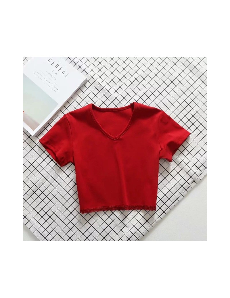 T-Shirts Women V Neck Soft And Stretchy Cotton Crop Tee with Lace Trimming - red - 4M3097232097-3 $24.16