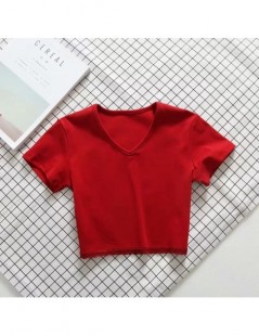 T-Shirts Women V Neck Soft And Stretchy Cotton Crop Tee with Lace Trimming - red - 4M3097232097-3 $16.25