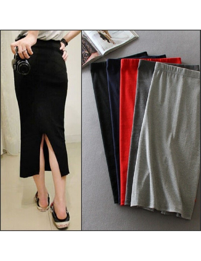 Korean Women Long Skirts High Waist Slim Thin Slit Skirt Saia Longa Rib Tight Package Hip Skirt MY917 - Navy - 4I3692932567-2