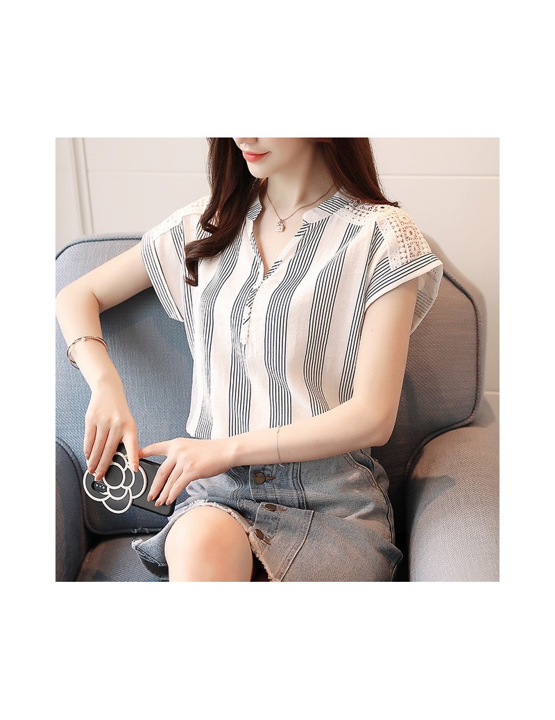 New 2019 Summer Women Blouse Short Sleeve Chiffon Causal Simple Female Shirt Elegant Hollow V-neck Shirt Striped Tops D635 3...