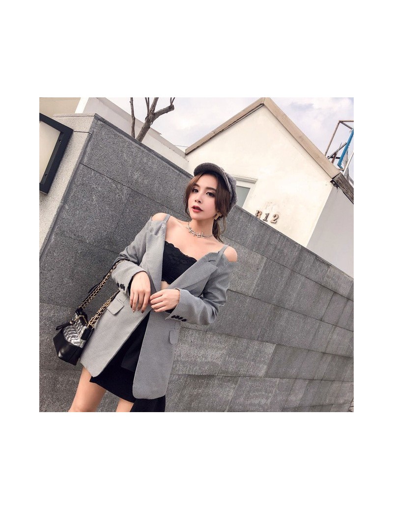 Black & White V-neck Strap Plaid Elegant Blazer 2018 Women One Button Cold-shoulder Slim Autumn Workwear Women Jacket - plai...
