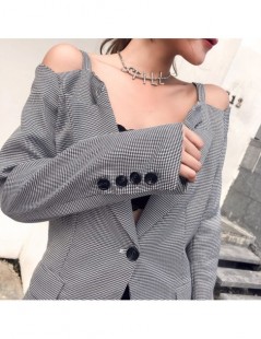 Blazers Black & White V-neck Strap Plaid Elegant Blazer 2018 Women One Button Cold-shoulder Slim Autumn Workwear Women Jacket...