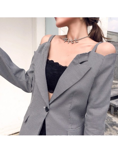 Blazers Black & White V-neck Strap Plaid Elegant Blazer 2018 Women One Button Cold-shoulder Slim Autumn Workwear Women Jacket...