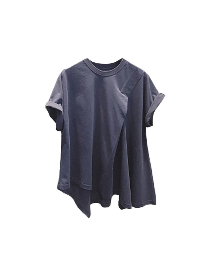 Short-sleeved T-shirt Female Fashion Irregular Cotton Casual Wild Ladies T Shirt Korean Style 2019 Summer new Tops - blue - ...