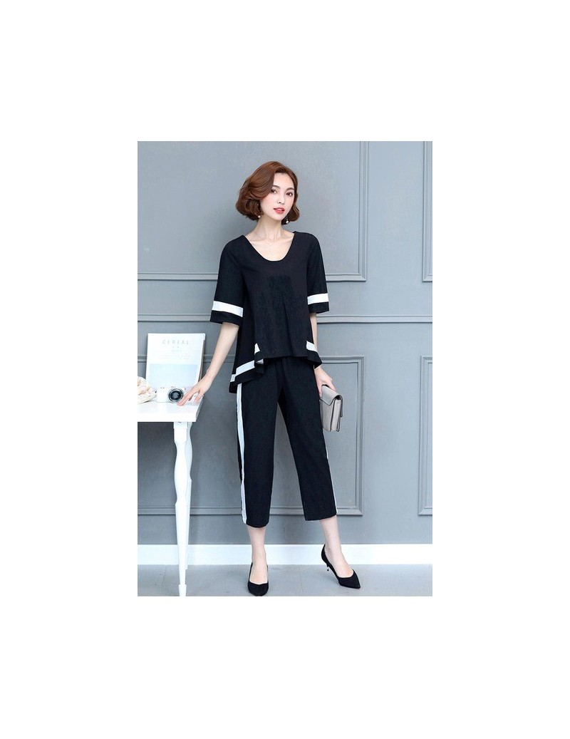 Women's Sets Summer Black White Two Piece Sets Women Plus Size Short Sleeve Tops And Cropped Pants Sets Suits Casual Korean W...