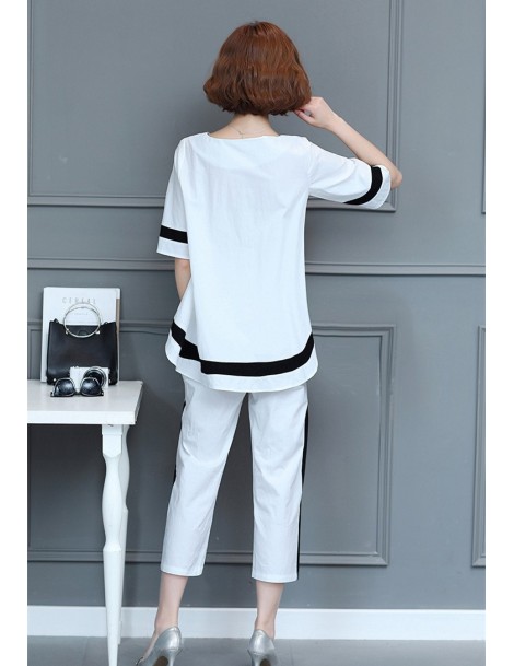 Women's Sets Summer Black White Two Piece Sets Women Plus Size Short Sleeve Tops And Cropped Pants Sets Suits Casual Korean W...