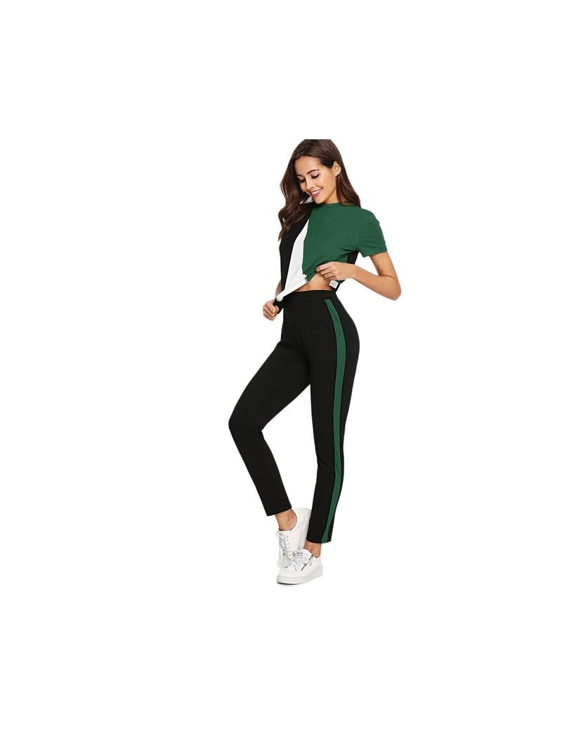 Women's Sets Color Block Short Sleeve Tee And Leggings Set Activewear Skinny Two Piece Outfits Summer Women Casual 2 Piece Se...