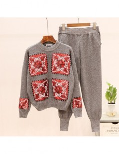 Women's Sets Embroidery Sequins Set Women Long sleeve Knitted Sweater Casual Pants Two Piece Outfits Loose Pullover Knitwear ...
