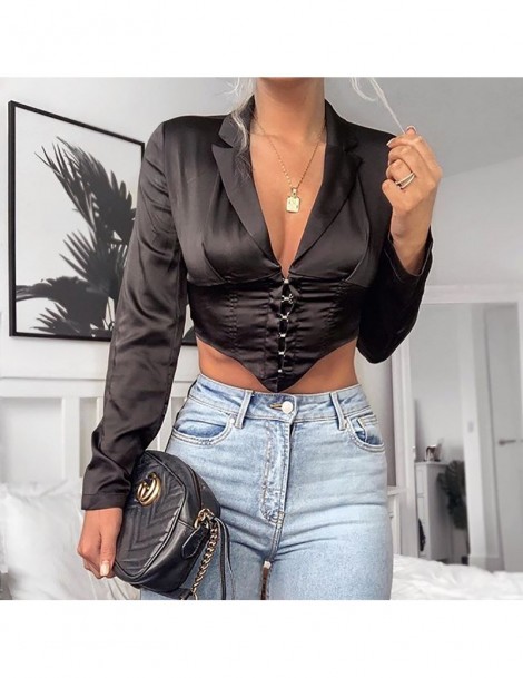 Blazers Sexy V Neck Hidden Breasted Solid Bare Navel Cropped Tops Hot Sale Autumn Long Sleeve Business Office Lady Blazers S ...