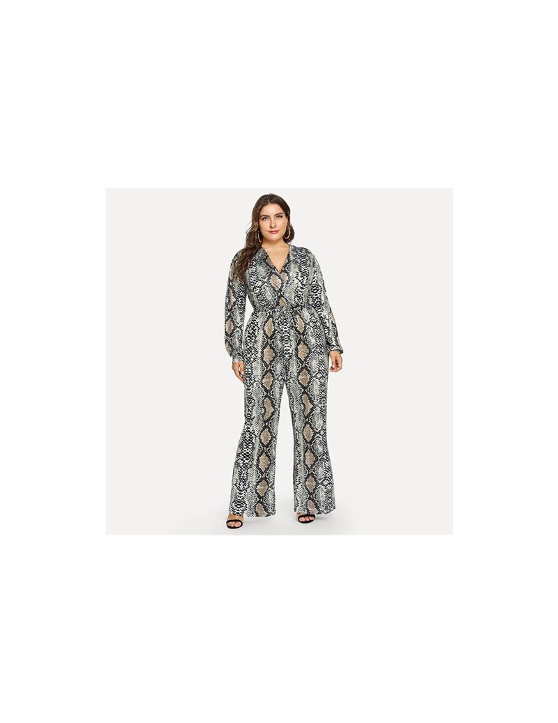 Jumpsuits Plus Size Self Tie Snake Print Casual Jumpsuit Women Clothing 2018 Winter Long Sleeve Office Ladies Belted Jumpsuit...
