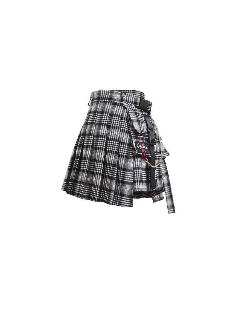 Women High Waist Shorts Skirts with Pocket Japan Harajuku Hard Girl Vintage Plaid Irregular Pleated Fashion Mini Skirt - pic...