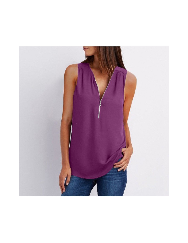 Tank Tops Chiffon Tank Tops Women Tunic Zipper Summer V Neck Vest Tops Sleeveless Criss-Cross Loose Solid Ladies Shirts Plus ...