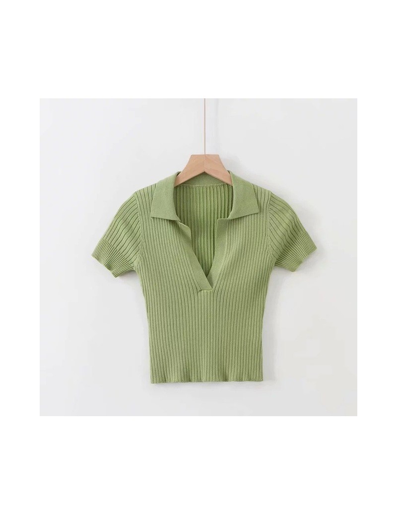 T-Shirts Women Polo Plunge Neck Short Sleeve Knitted T-shirt Crop Top - green - 4U4133249054-2 $28.75