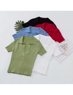 T-Shirts Women Polo Plunge Neck Short Sleeve Knitted T-shirt Crop Top - green - 4U4133249054-2 $12.02