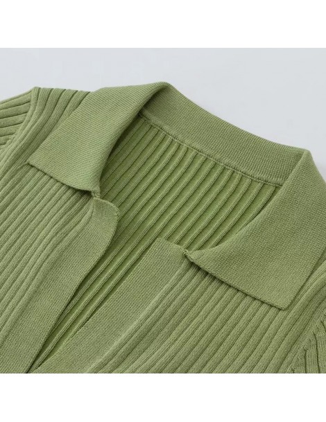 Women Polo Plunge Neck Short Sleeve Knitted T-shirt Crop Top - green ...