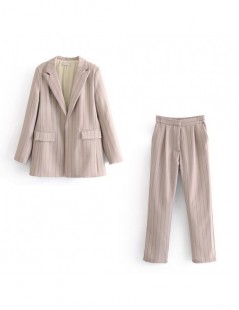 Pant Suits Vintage Chic Green Striped Pant Suits Fashion Pockets Single Button Notched Blazer Zipper Fly Straight Long Pants ...