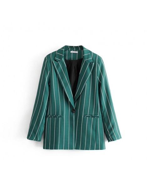 Pant Suits Vintage Chic Green Striped Pant Suits Fashion Pockets Single Button Notched Blazer Zipper Fly Straight Long Pants ...