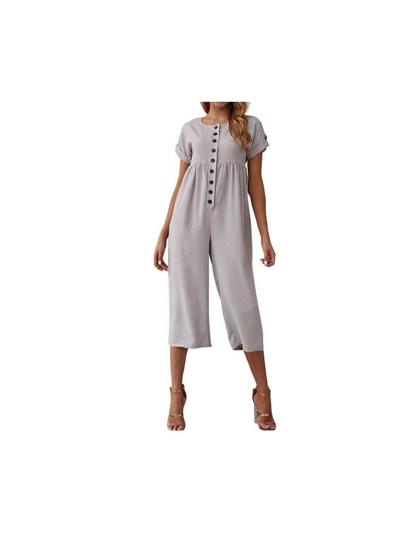 Women Summer Linen Jumpsuits Short Sleeve Cropped Trousers Leisure Overalls straight cylinder type middle waist Rompers - Bl...