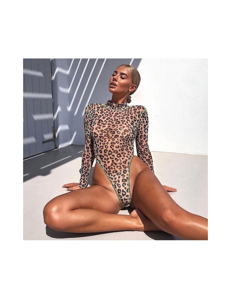 Sexy Bodysuit 2019 Long Sleeve Leopard Jumpsuit Women See Through Mesh Contrasting Colors Stripe High Cut Casual Rompers - L...