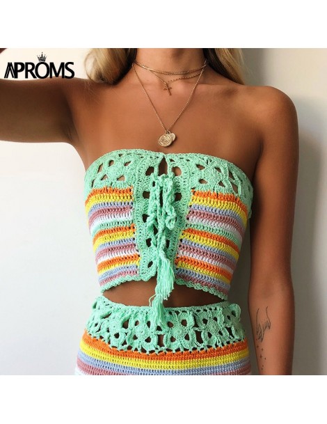 Tank Tops Elegant Colorful Striped Handmade Crop Top Summer 2019 Bikini Beachwear 90s Cool Girls Lace Up Off Shoulder Tube Ta...