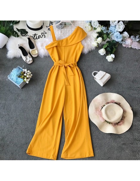 Jumpsuits Single Shoulder Ladies Solid Rompers High Waist Sashes Women Summer Candy Color Fashion Sleeveless Casual Jumpsuits...