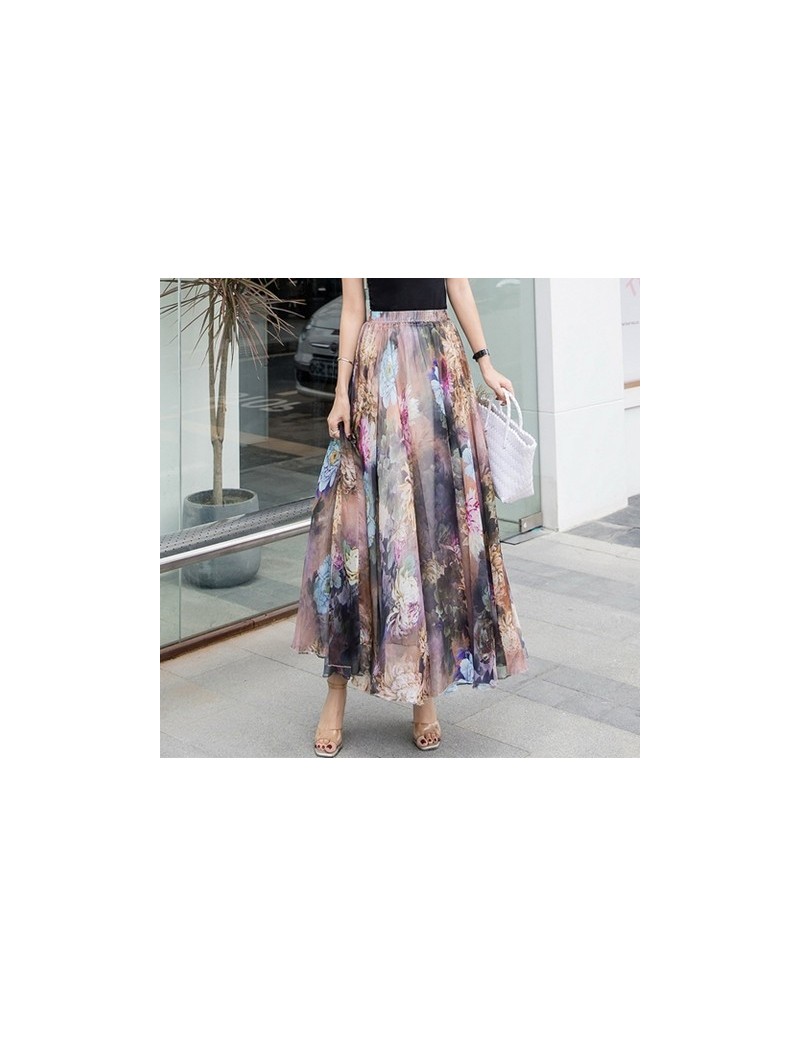 Skirts Long Skirt Boho Beach Skirt Floral Print Chiffon Women Skirt - 1 - 4B4142714914-1 $36.40