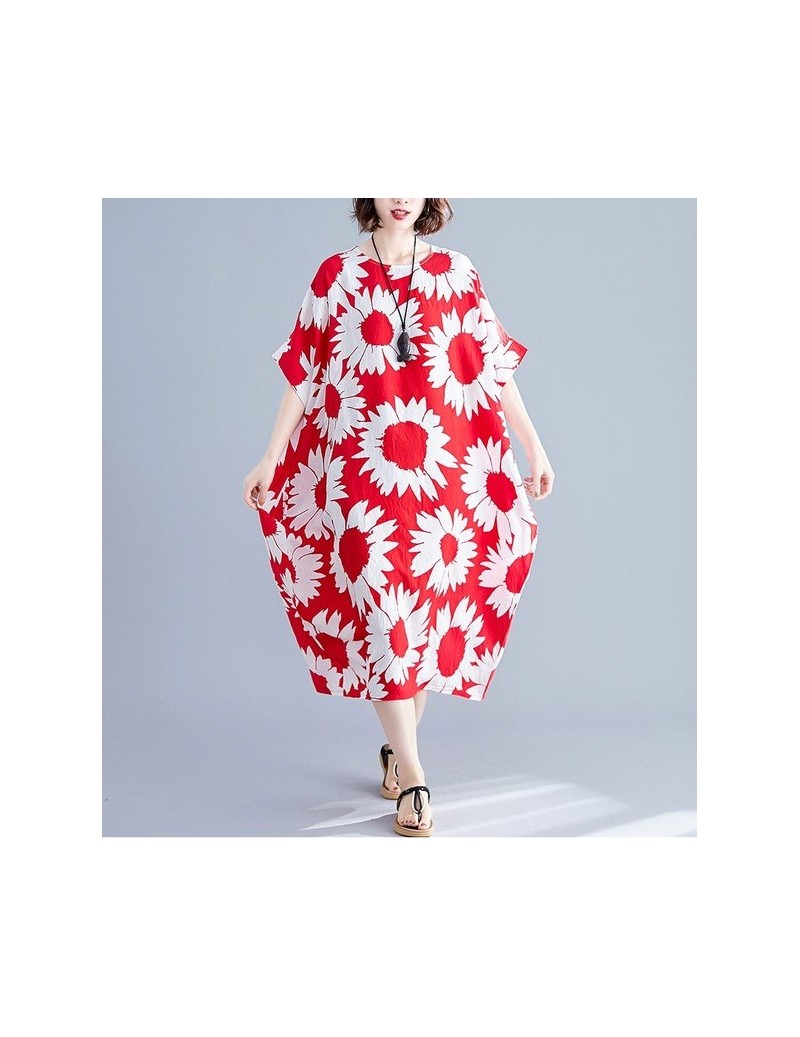 Dresses 2019 New Summer dress Vintage Loose cotton Women dress Vestidos Robe Literary big Size Women dress - red - 4E41464985...
