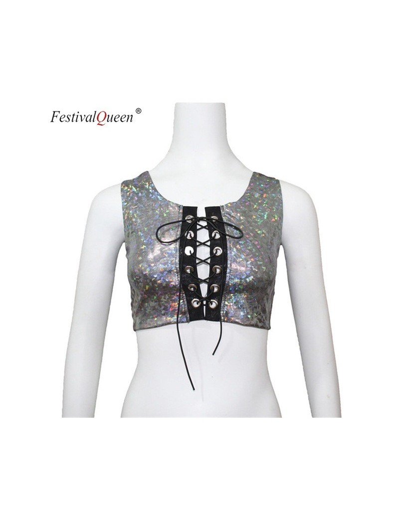 Tank Tops Festival Queen women holographic lace up tank tops streetwear bodycon rave festival clothes laser hologram foil fab...