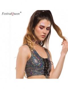 Tank Tops Festival Queen women holographic lace up tank tops streetwear bodycon rave festival clothes laser hologram foil fab...