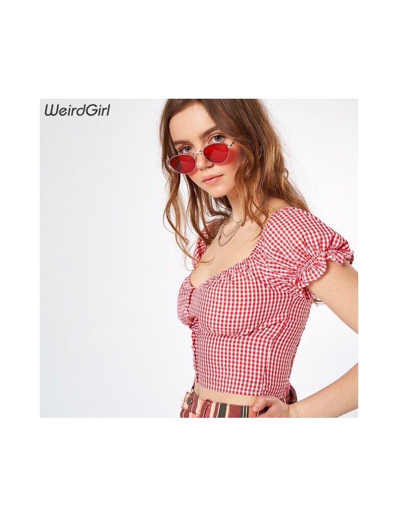 Women plaid print t-shirt Ruffle sleeve square neck slim femme sumer tees fashion vacation elastic lady new tops - Red - 484...