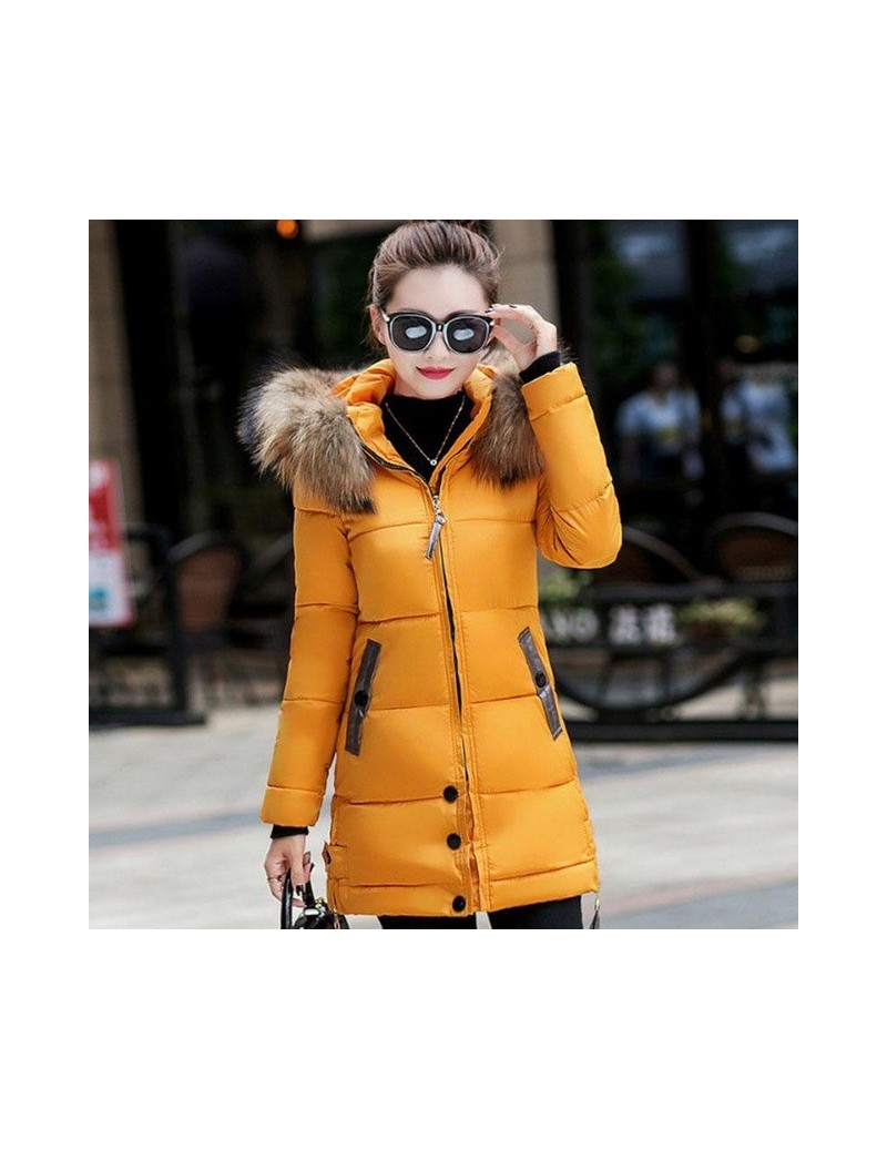 Fur Collar Winter Parkas Women Cotton Padded Coat Thickening Jacket Female Slim Hooded Zipper Warm Outerwear Overcoat - Yell...