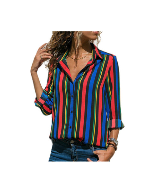 Blouses & Shirts Striped Women's Chiffon Shirt 2018 Autumn Casual Loose Long Sleeve V-Neck Contrast Color Blouse Women's Tops...
