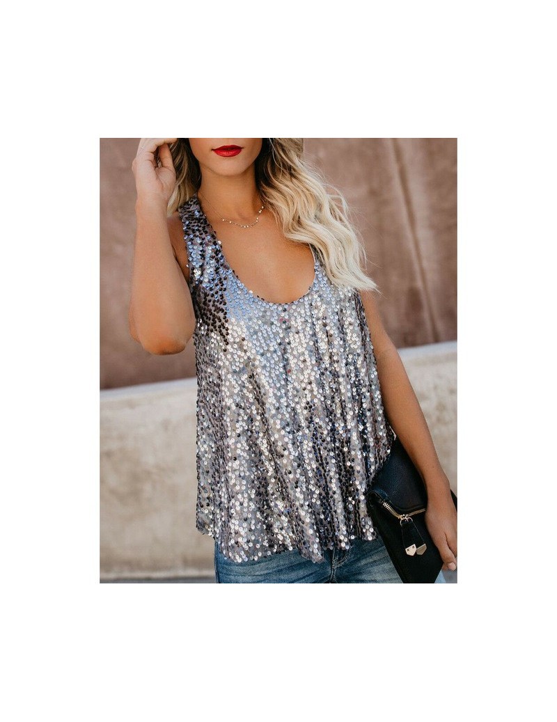 New Fashion Sexy Women Sequin Tops Shirt Female Sleeveless Round Neck Tops Summer Women Street Wear Party Clothes - Silver -...