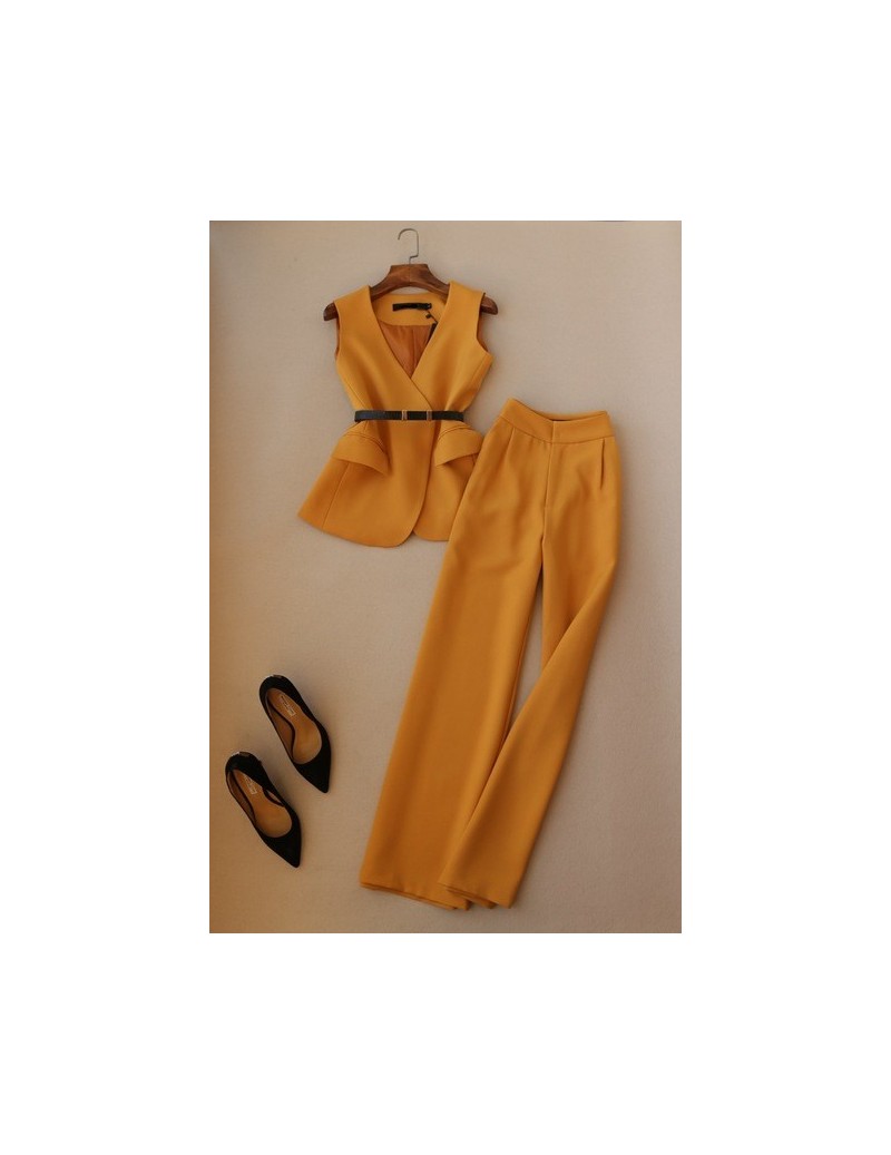 Women's Sets 2019 Spring NEW Fashion Women Work Wear Yellow V-neck Vest Top and Full Length Pants Wide Leg Trousers OL Set - ...
