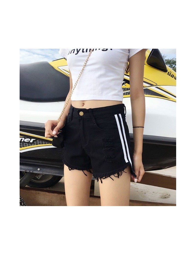 Summer Striped Contrast Denim Shorts Hole Loose Wide Leg Button Fly Shorts With Tassel - Black - 5H111180240986-1