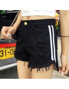 Shorts Summer Striped Contrast Denim Shorts Hole Loose Wide Leg Button Fly Shorts With Tassel - Black - 5H111180240986-1 $13.70