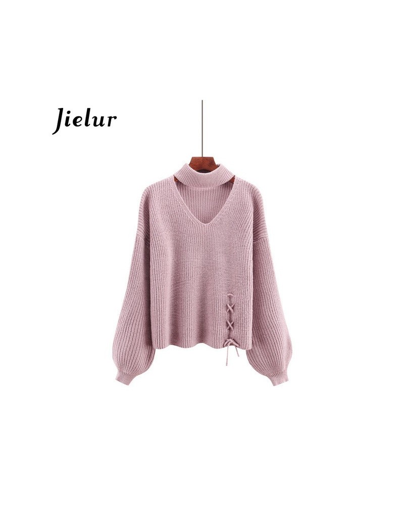 Solid Color Hollow Lace-up Sweater Women Korean Style Winter Pullover Lantern Sleeve Warm Streetwear Sueter Mujer 2019 - Pur...