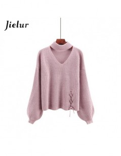 Pullovers Solid Color Hollow Lace-up Sweater Women Korean Style Winter Pullover Lantern Sleeve Warm Streetwear Sueter Mujer 2...