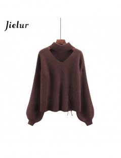 Pullovers Solid Color Hollow Lace-up Sweater Women Korean Style Winter Pullover Lantern Sleeve Warm Streetwear Sueter Mujer 2...